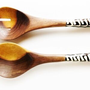 Handcrafted Olive Wood Ornate African Design Inlay Handled Salad Set